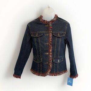 Lark Lane Women's Blue Denim Jacket Size 8P NWT Zip W/ Fringe NWT